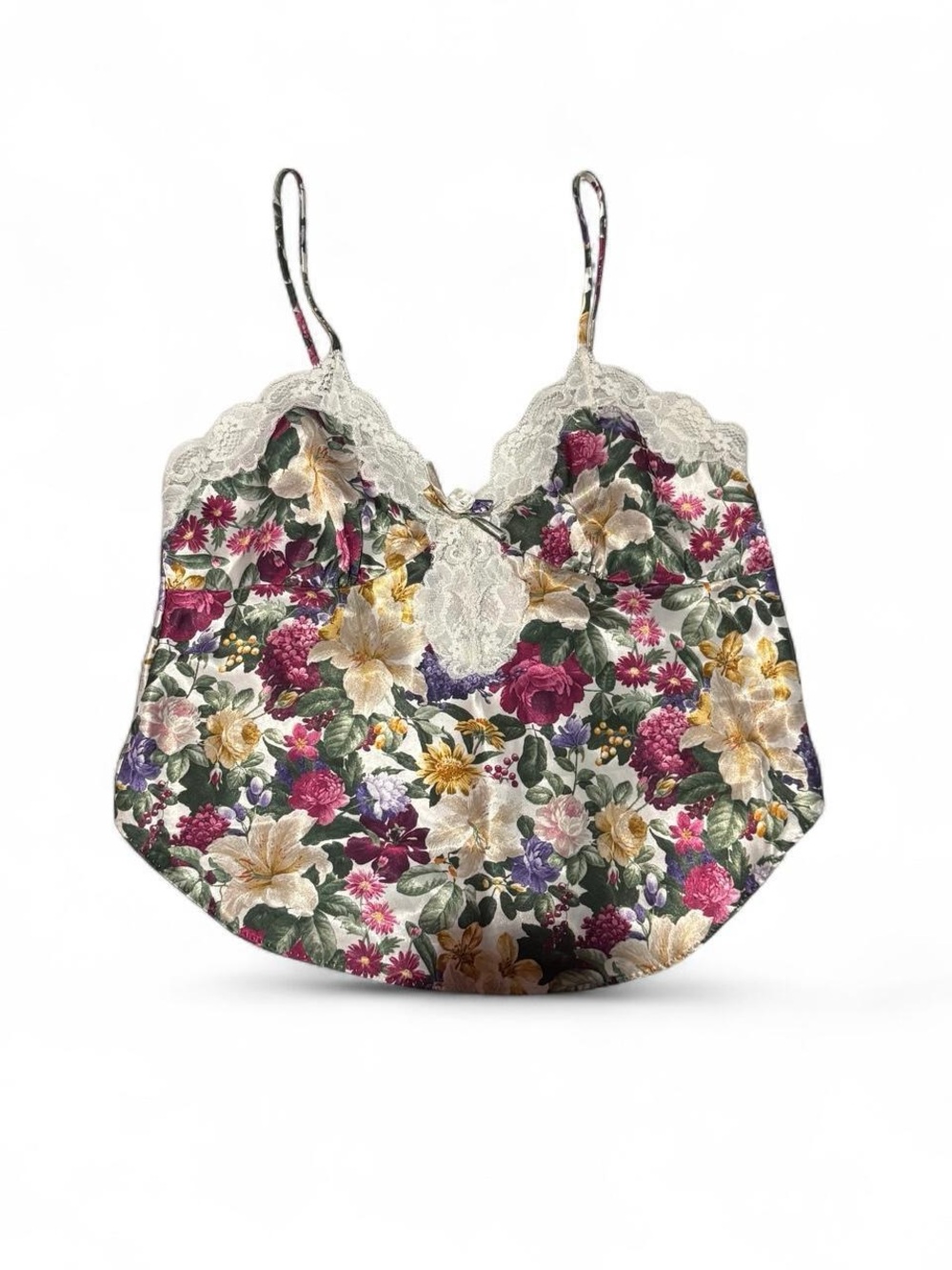 Floral Satin Lace-Trim Cami Chemise - White Multi